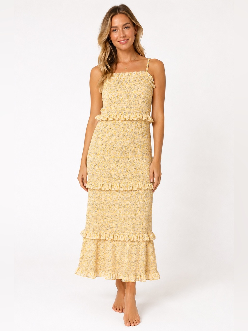 MABLE SMOCKED TIERED MIDI DRESS